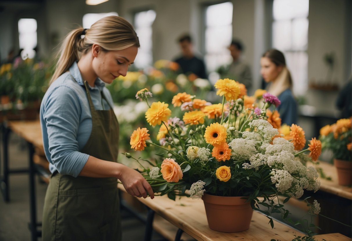 Floral design class: arranging flowers, selecting colors, creating bouquets, and learning techniques