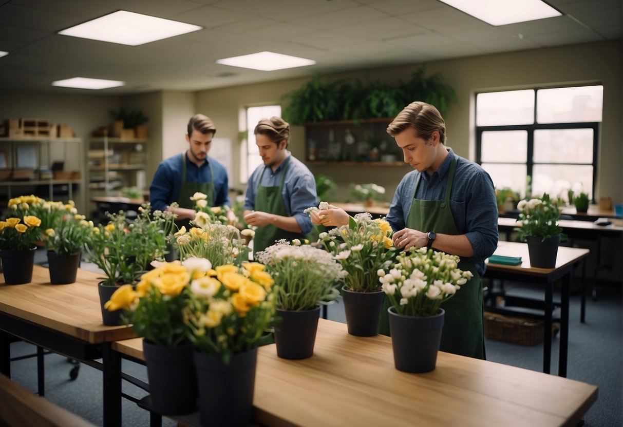 A classroom with students arranging flowers at workstations, surrounded by vases, greenery, and floral supplies. The instructor provides guidance and answers questions