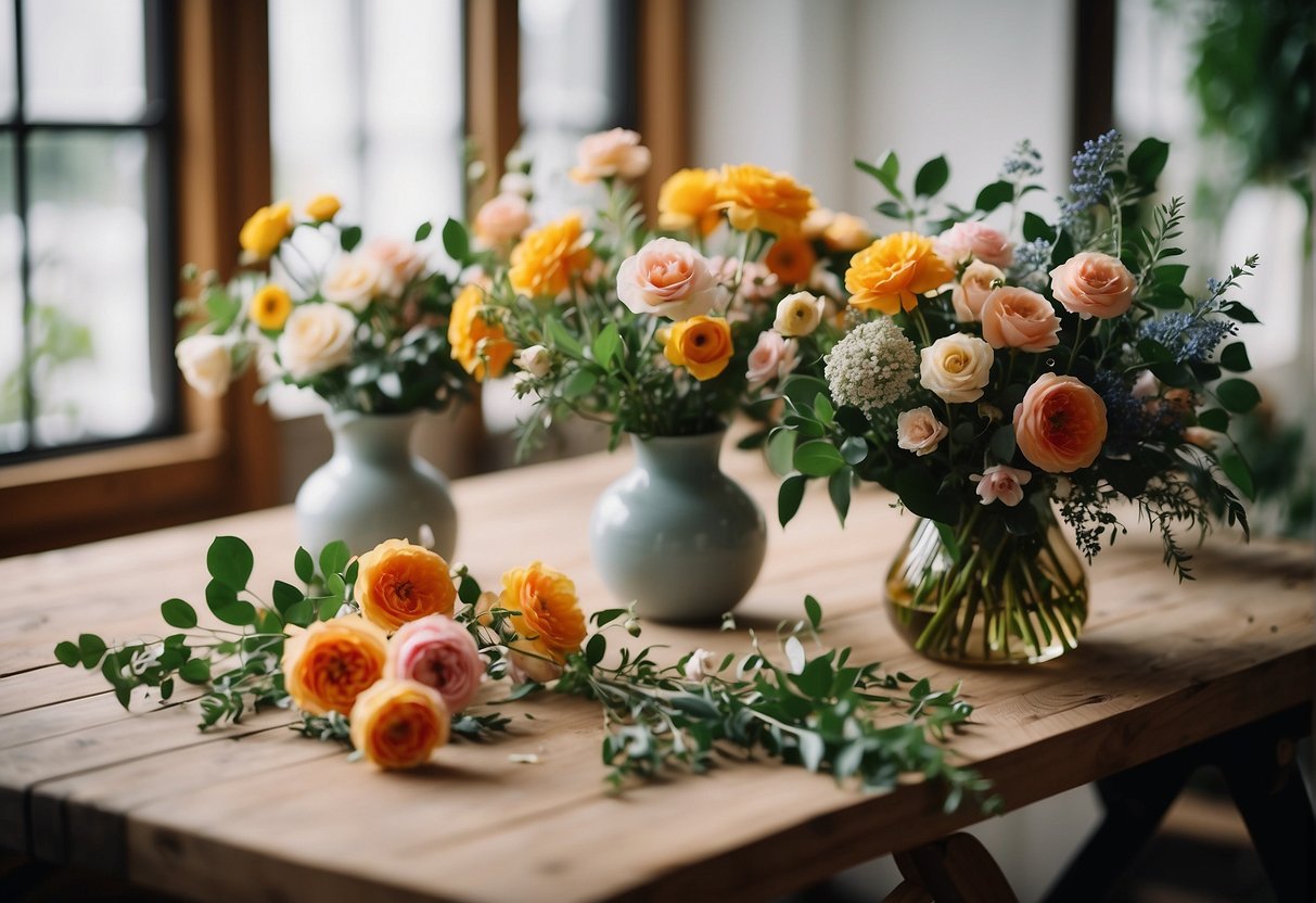 Floral design: Blooms arranged in a variety of colors and shapes, surrounded by greenery. Vases, shears, and ribbons on a wooden table