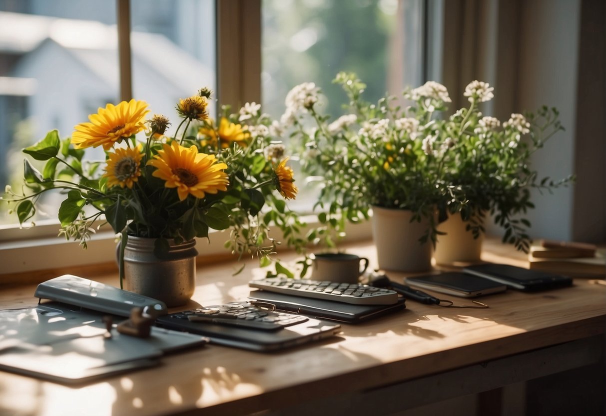 A table with various flowers, foliage, and tools for arranging. Bright natural light streams in from a nearby window, casting soft shadows on the workspace