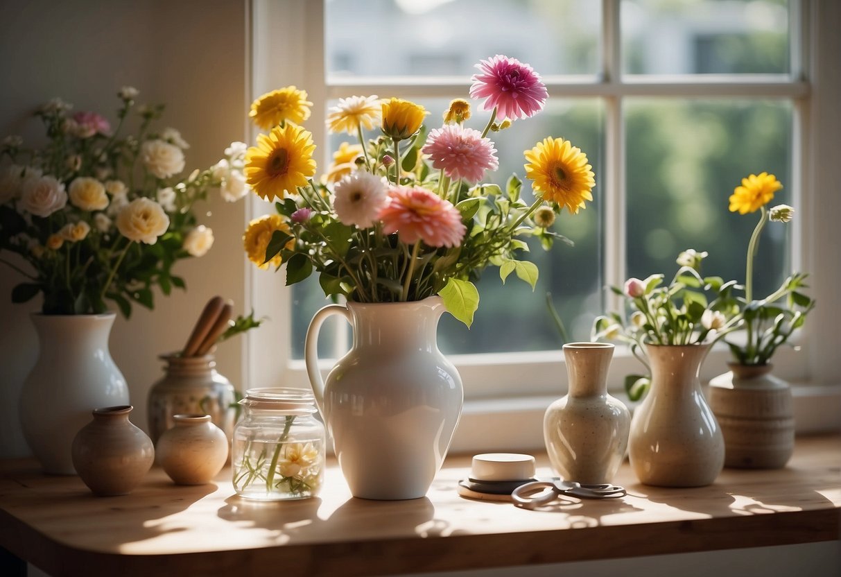 A table with various flowers, vases, and tools for arranging. Bright natural light streams in through a nearby window, casting soft shadows