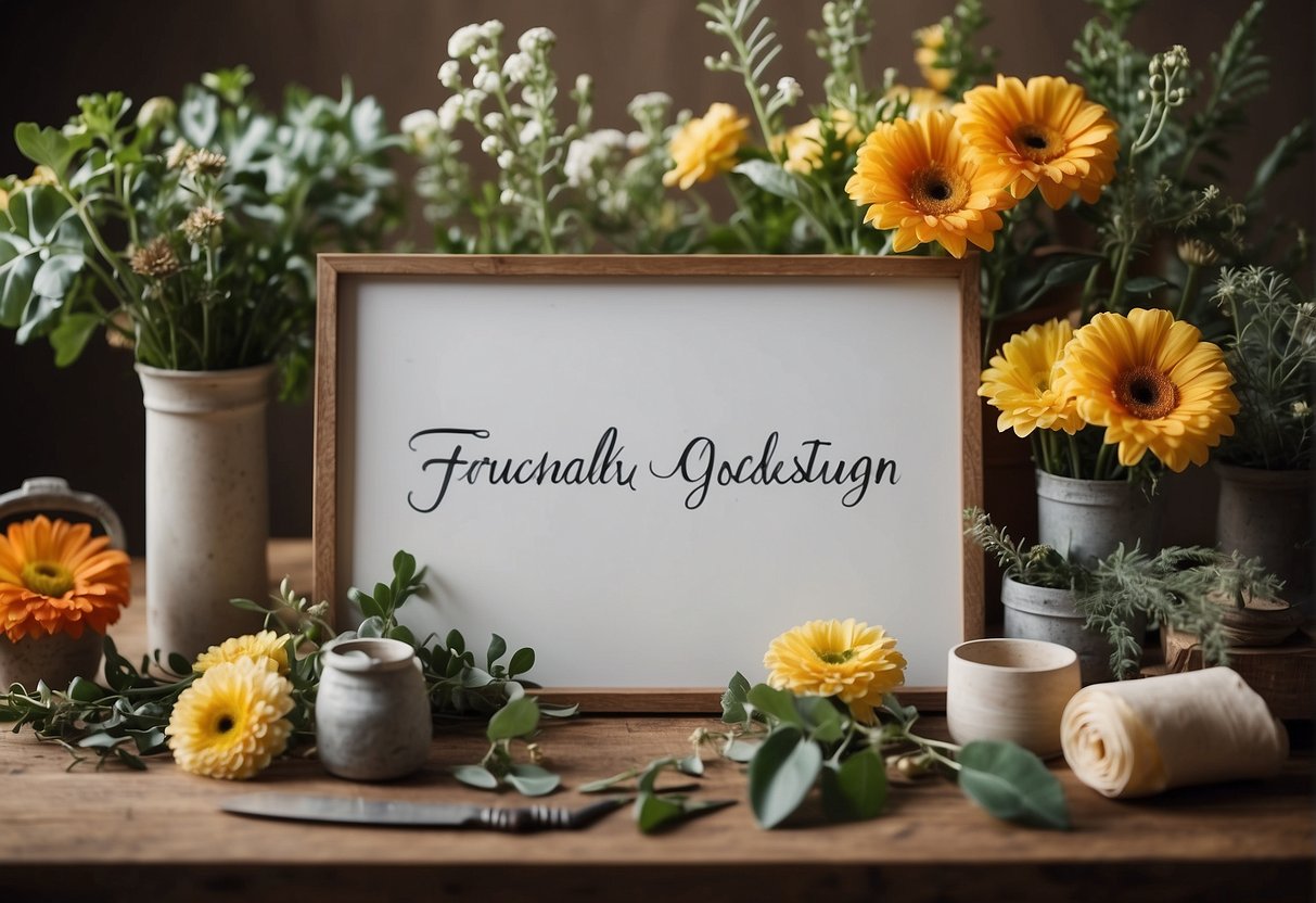 A table with various flowers, foliage, and tools for floral design. A sign with "Frequently Asked Questions: What do you do in floral design" displayed