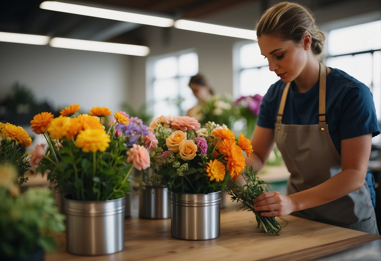 Students arranging flowers in various containers using different techniques and tools. Instructor demonstrating proper cutting and placement methods. Tables filled with colorful blooms and foliage