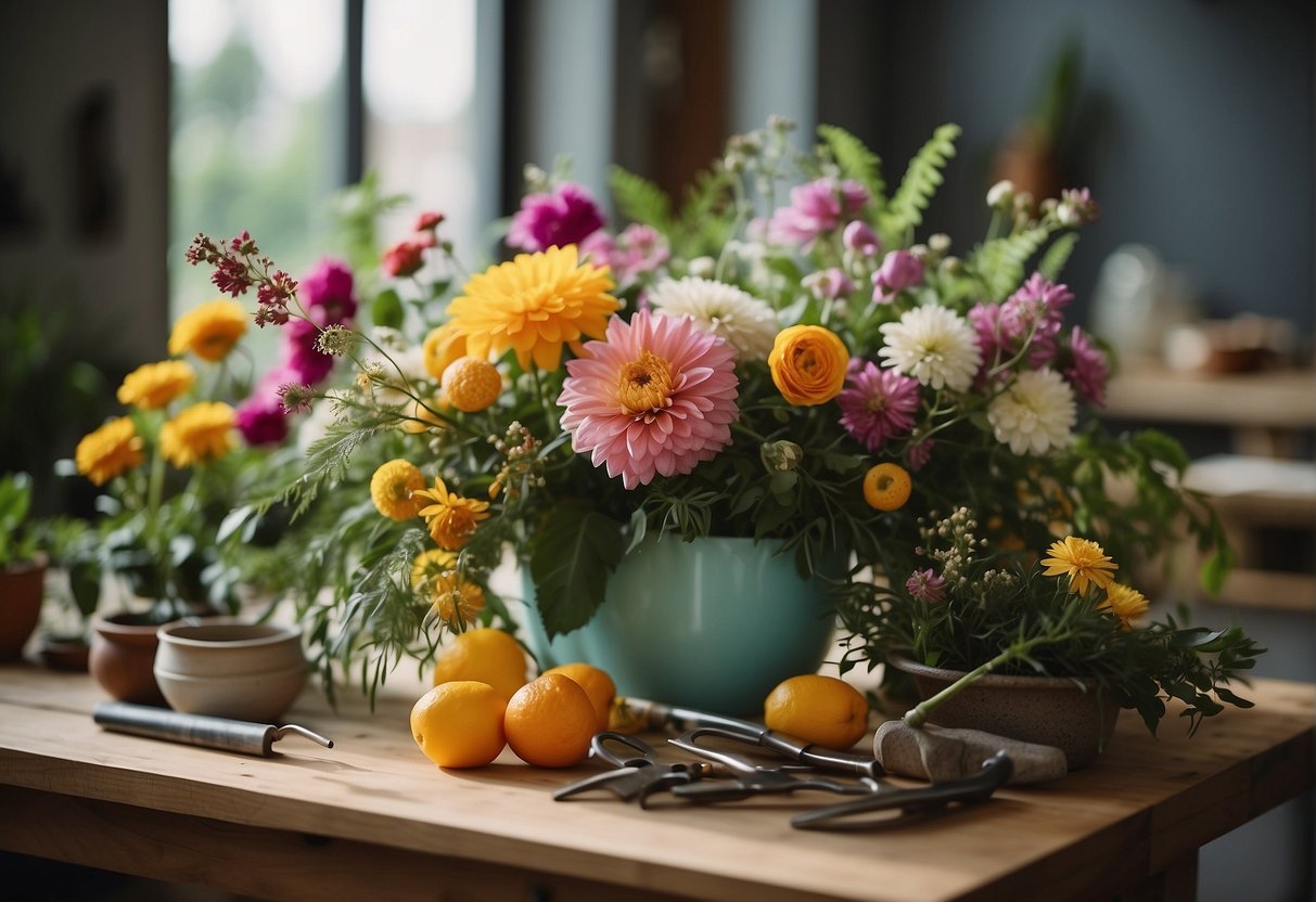 A table with various flowers, foliage, and tools arranged for a floral design class. Bright colors and textures create an inviting atmosphere