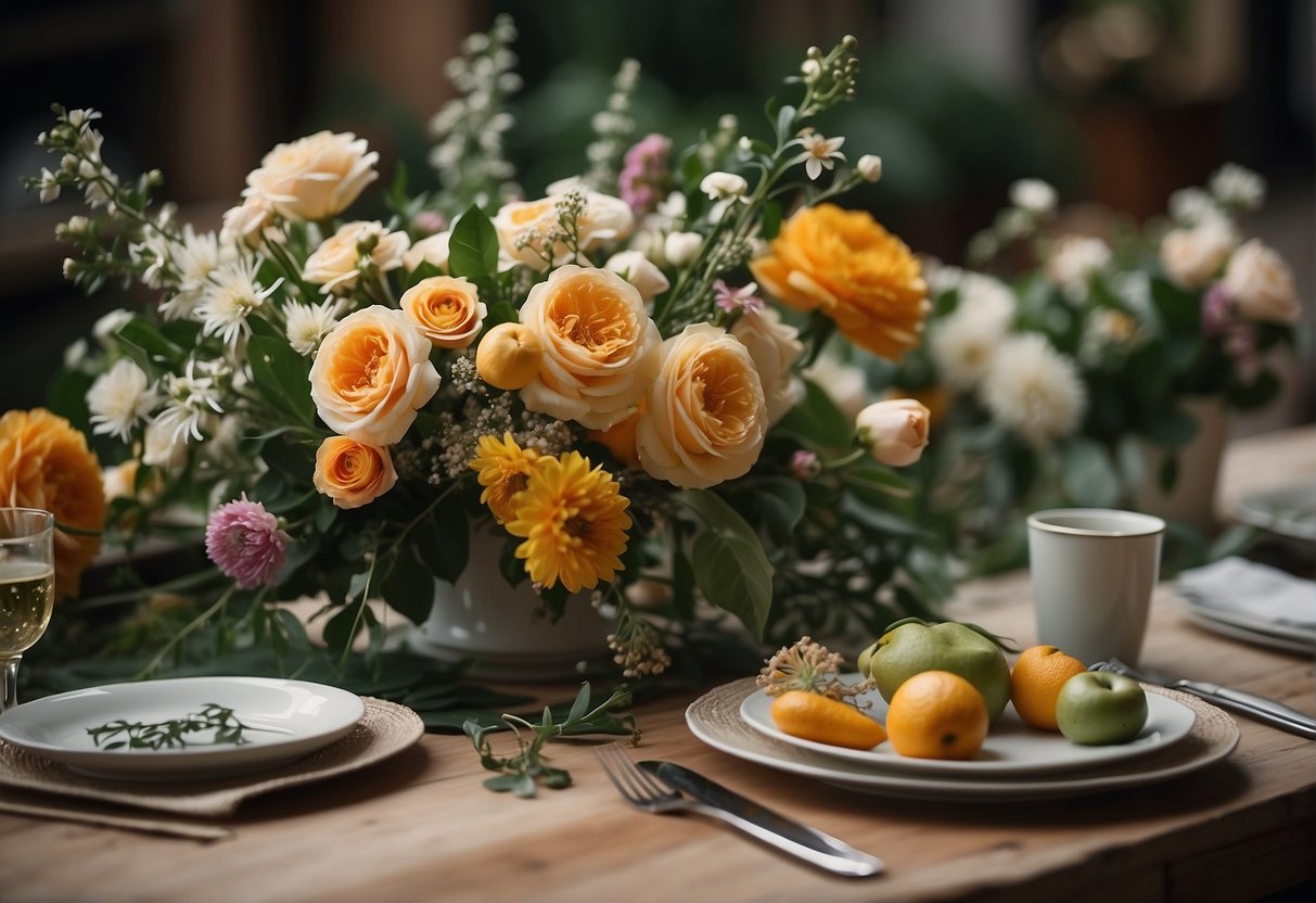 A table with assorted flowers, greenery, and floral tools arranged for a class on floral design