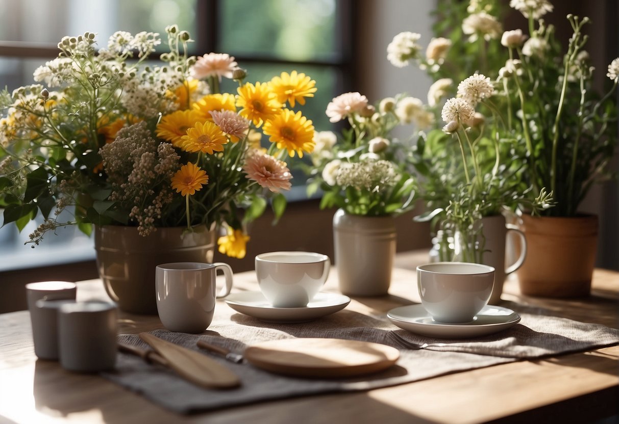 A table with various flowers, foliage, and tools for arranging. Bright natural light illuminates the space