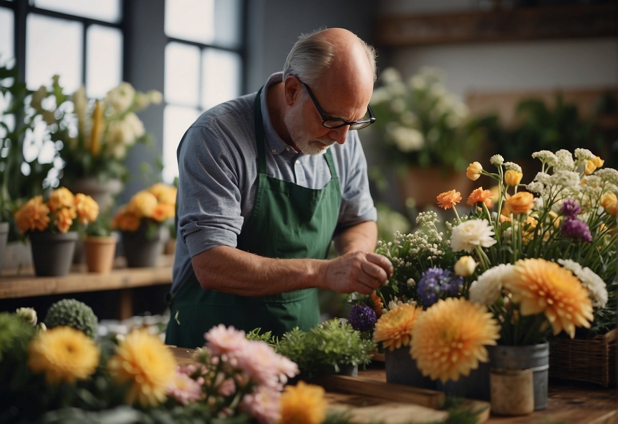 A floral designer arranges various flowers and foliage in a balanced composition, showcasing color, texture, and form. Tools such as floral foam, wire, and tape are used to create and support the design