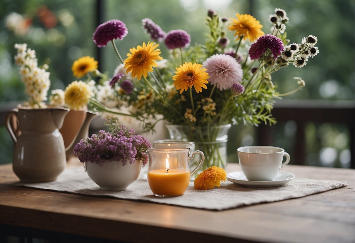 A table with various types of flowers, vases, scissors, and floral foam