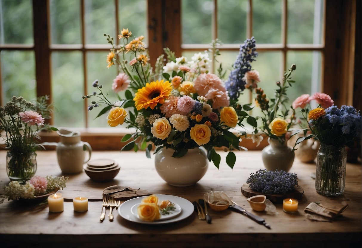 A table with various types of flowers, vases, and floral arranging tools. A sign with "Frequently Asked Questions: What do you need to become a floral designer?" displayed prominently