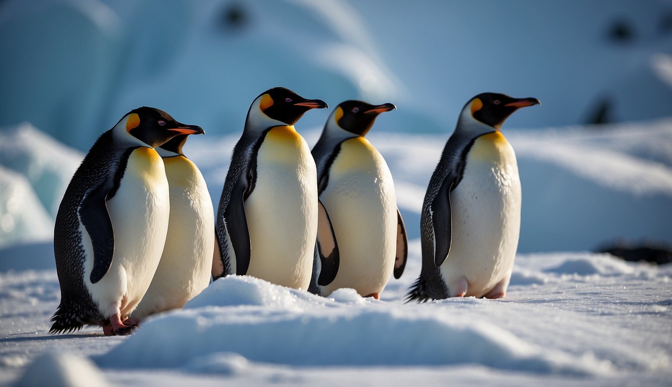 A group of penguins, known as a colony, waddles across the icy landscape, their black and white feathers standing out against the snow