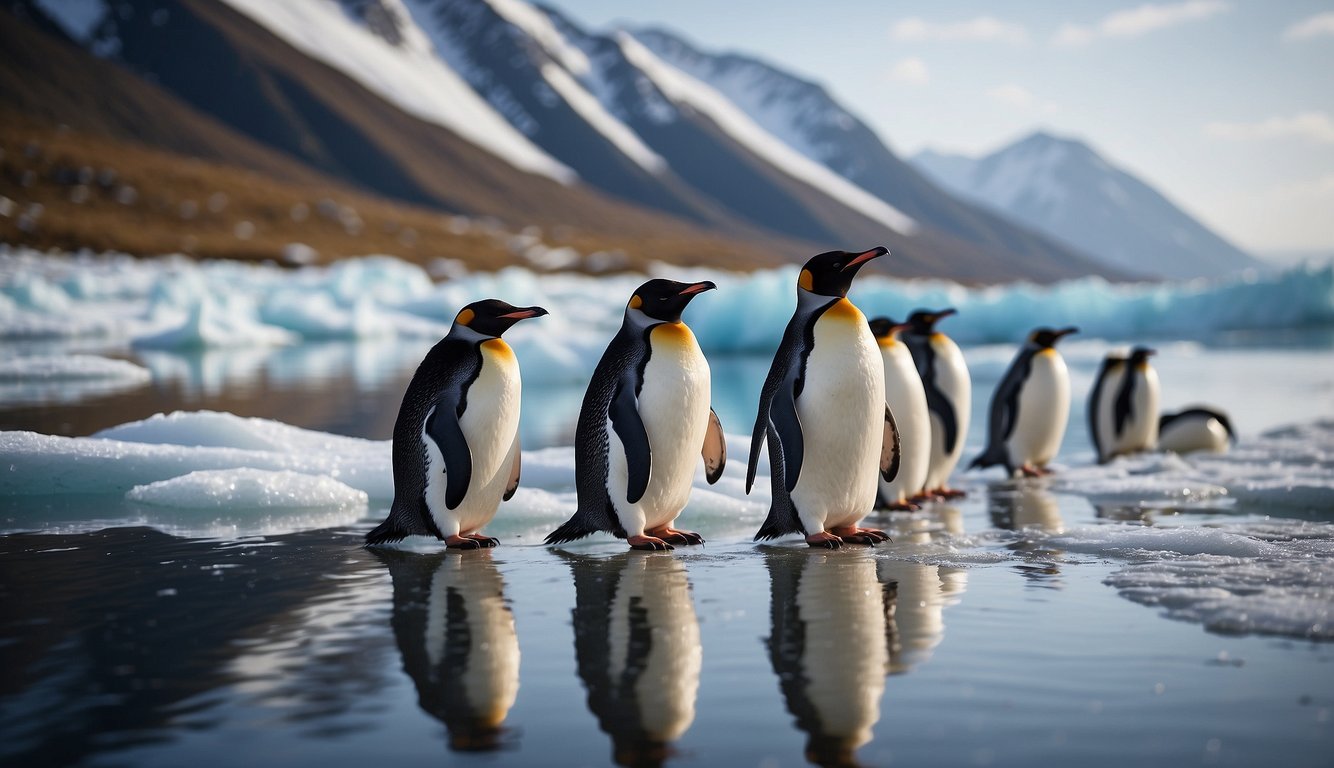 A waddle of penguins huddled on icy shores, with snowy mountains in the background