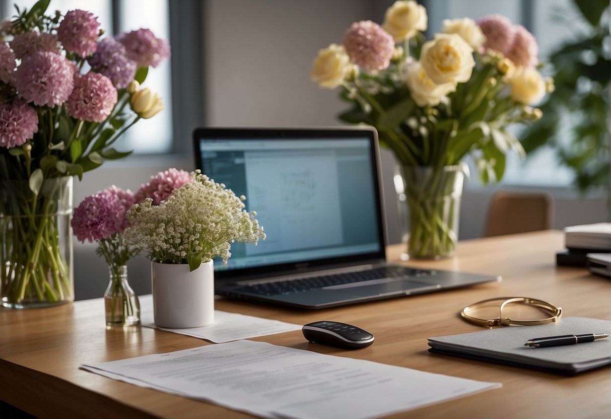 A table with floral arranging tools, vases, and a variety of fresh flowers displayed. A computer with design software and business documents nearby