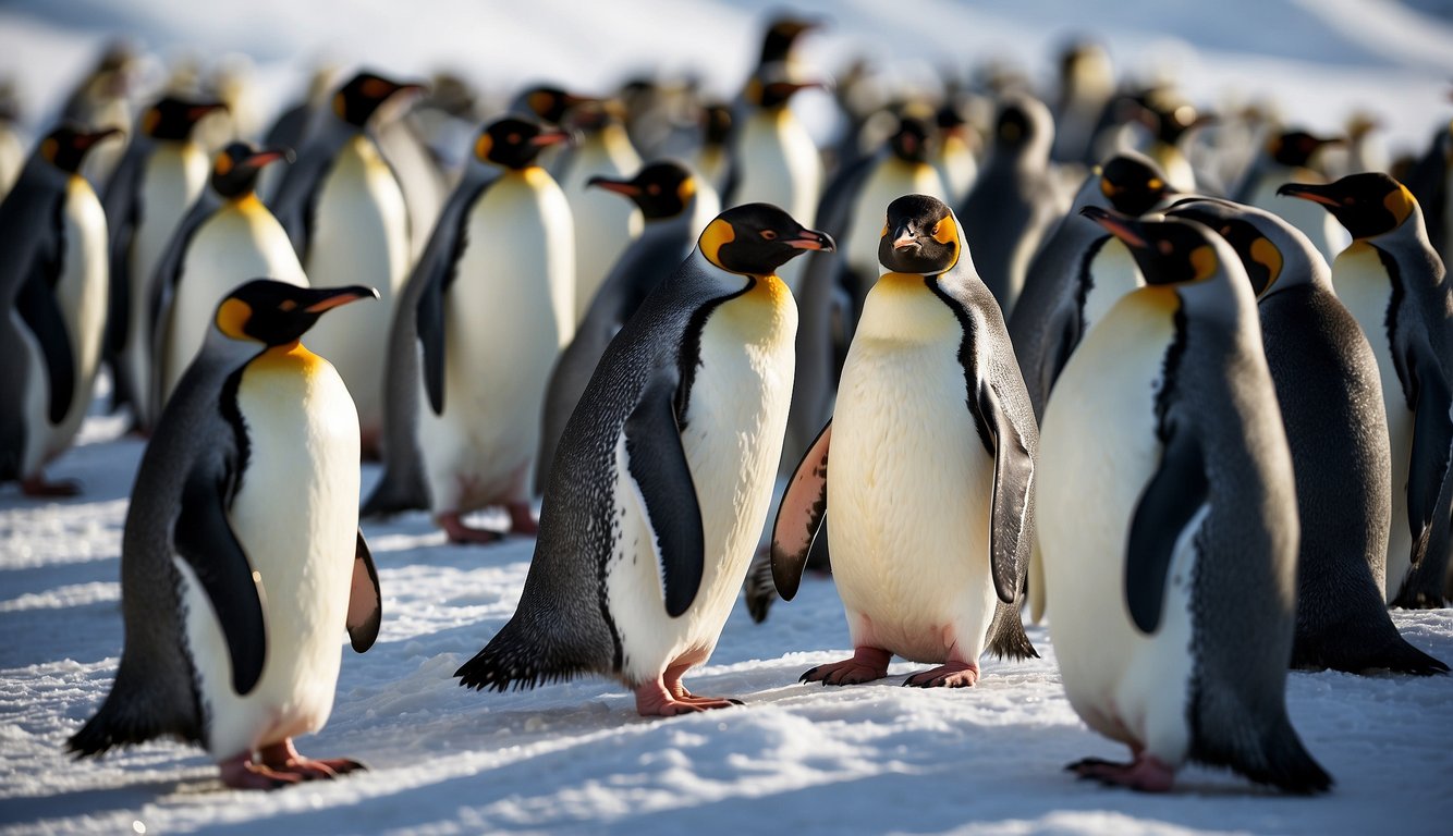A huddle of penguins, called a "rookery," waddle across the icy terrain, their sleek bodies glistening in the sunlight as they gather together in a tight-knit group