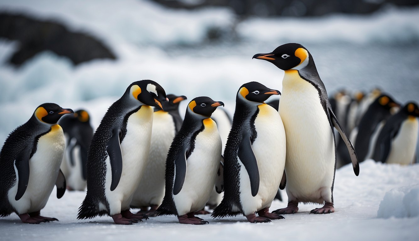 A huddle of penguins, called a "rookery," gathers on the icy shoreline, their black and white feathers standing out against the snow
