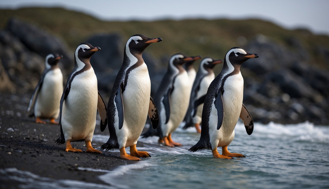 A group of penguins, called a colony, waddle along the icy shore, some tending to their fluffy chicks while others dive into the frigid waters to hunt for fish