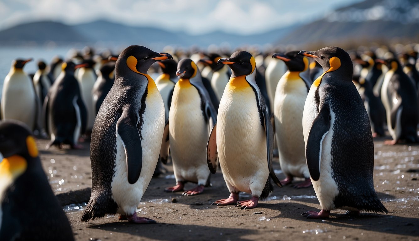 A waddle of penguins huddle together on the icy shore, their sleek black and white feathers glistening in the sunlight