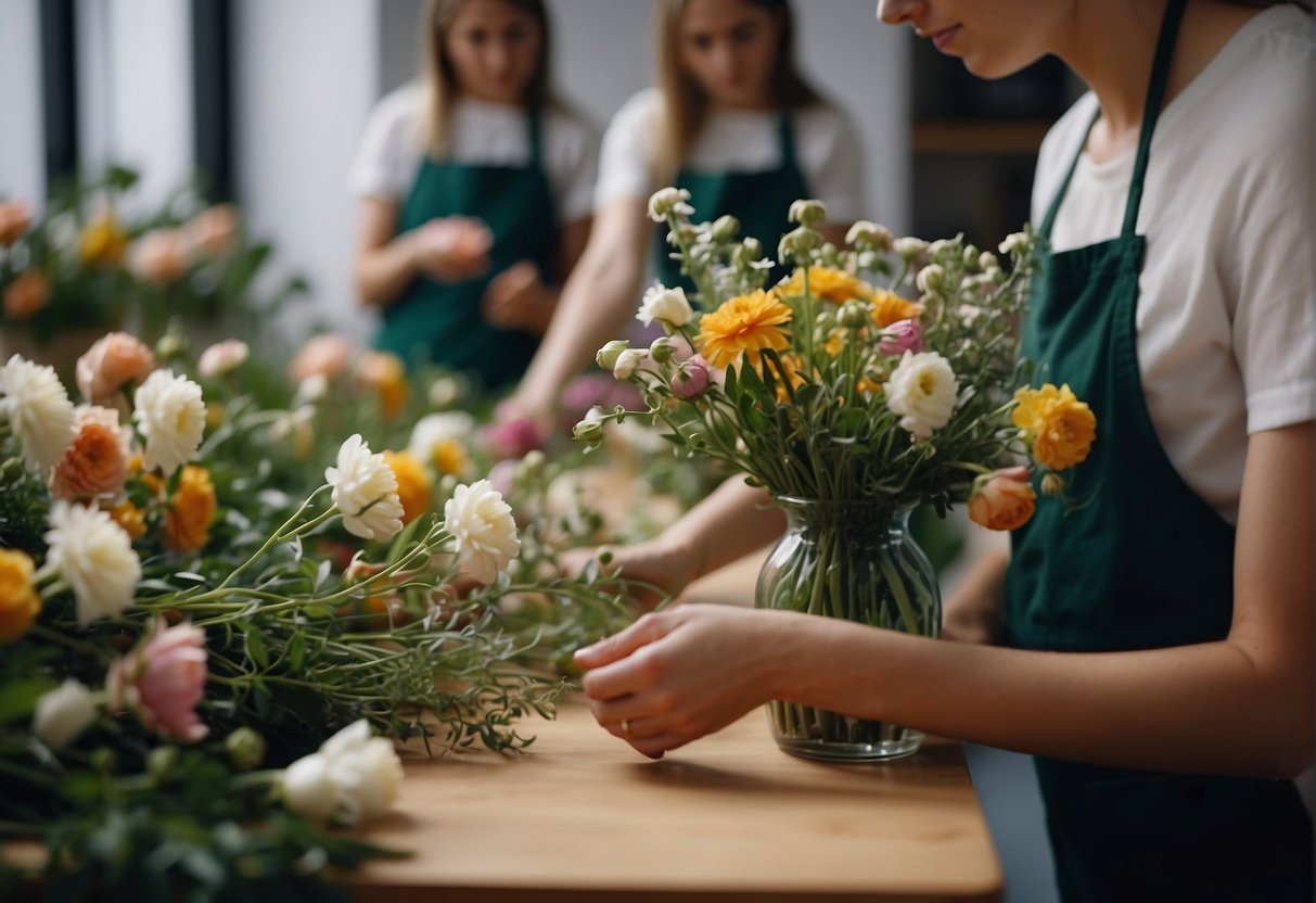 A floral design teacher arranges flowers in a vase, demonstrating techniques to students. Bright blooms and greenery cover the worktable