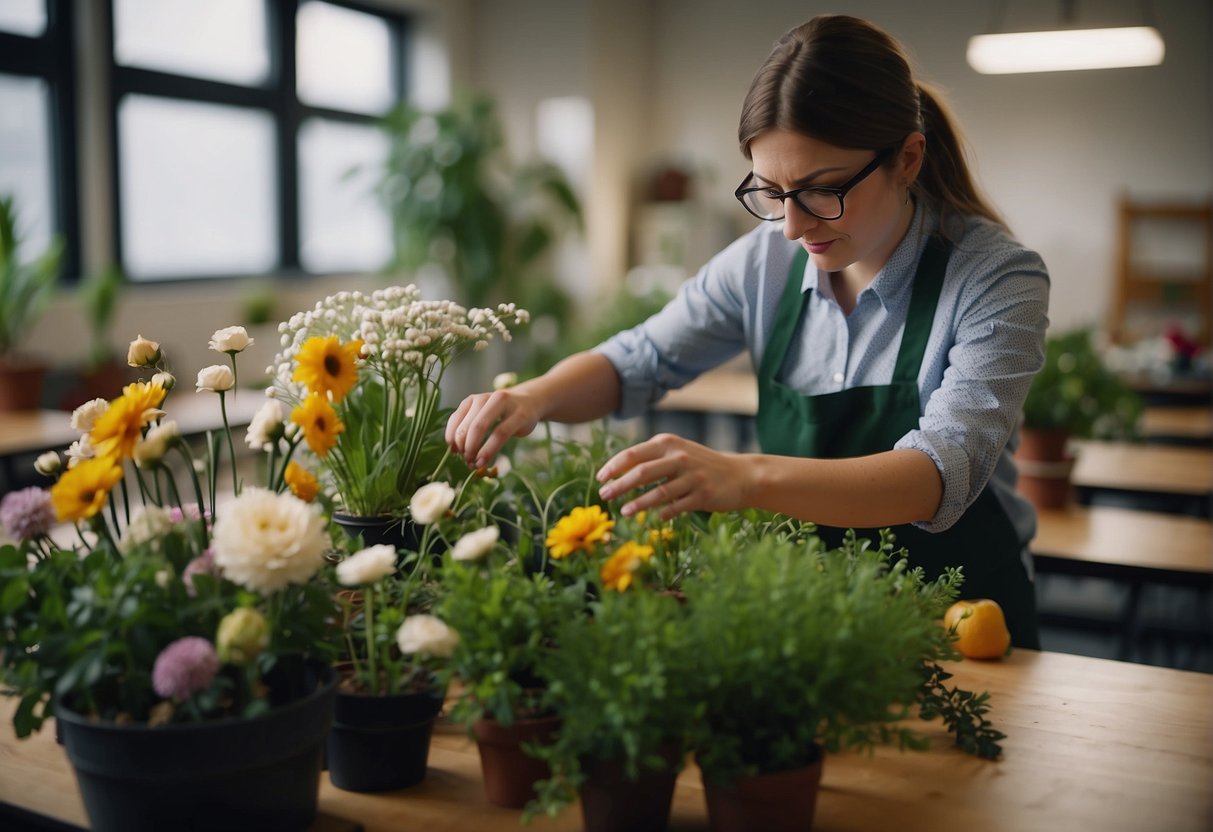 A floral design teacher demonstrates arranging techniques with various flowers and foliage in a classroom setting