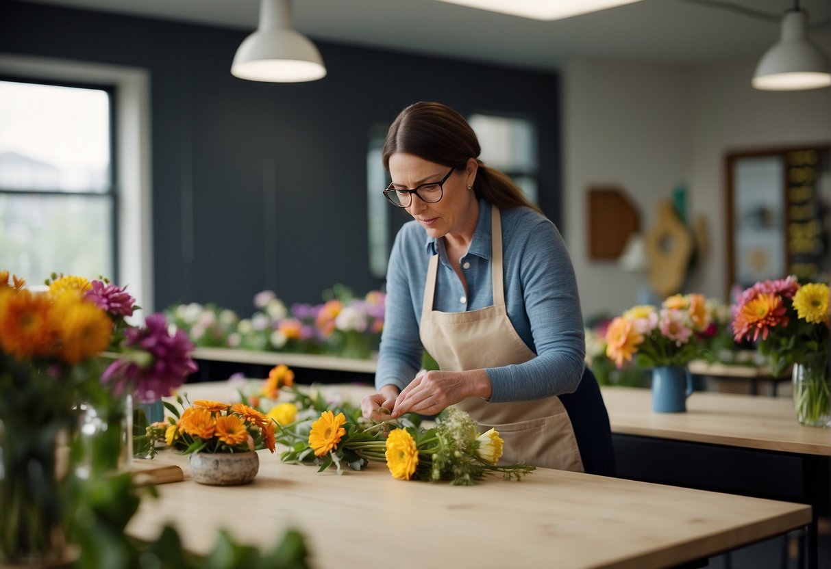A floral design teacher arranging flowers in a classroom studio. Tables are covered with colorful blooms, as the teacher demonstrates various techniques