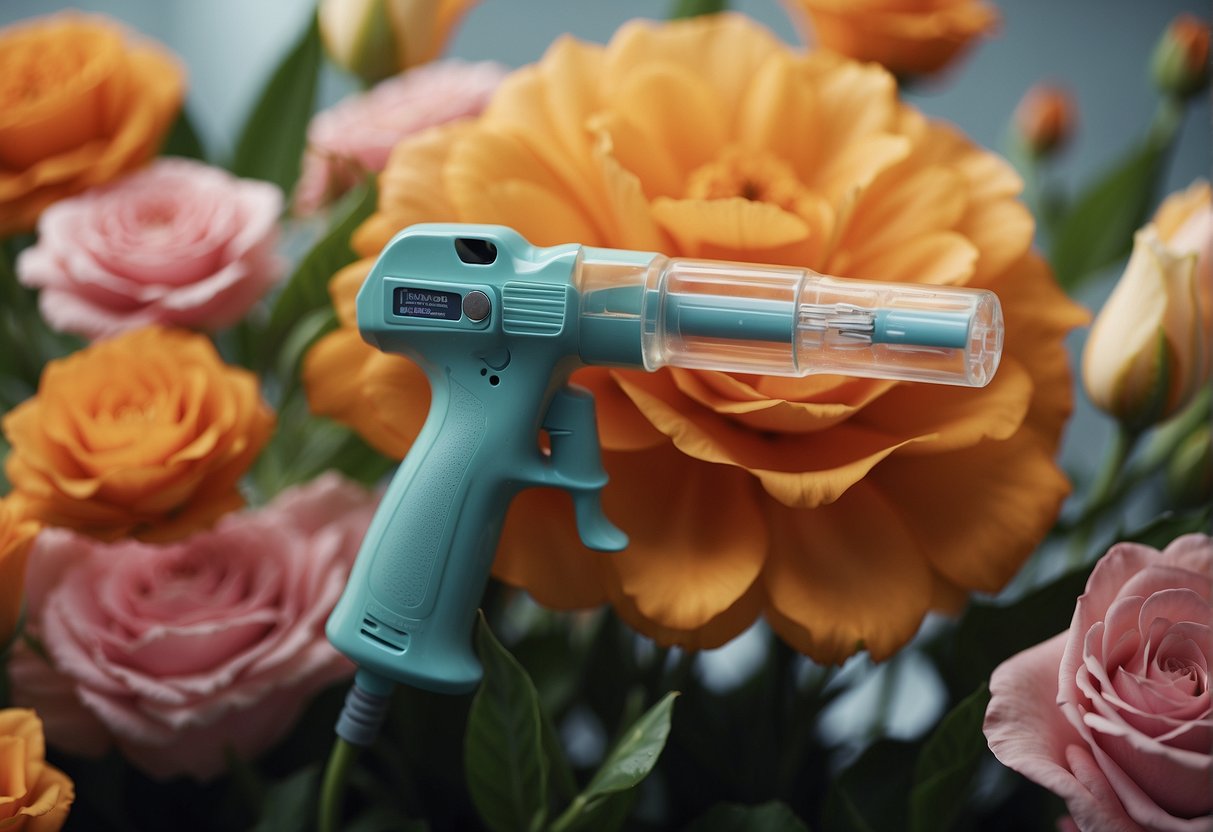 A glue gun melts adhesive sticks to secure floral elements in a bouquet or arrangement