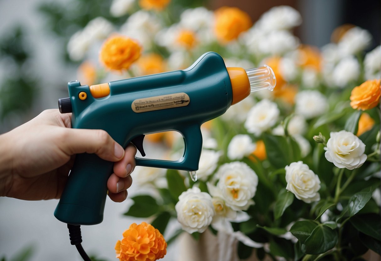 A glue gun melts adhesive sticks for securing floral elements in arrangements