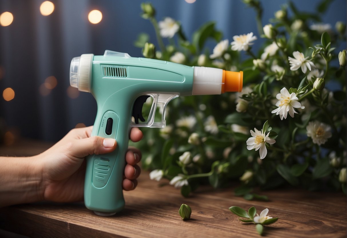 A glue gun melts adhesive sticks for securing floral elements in designs