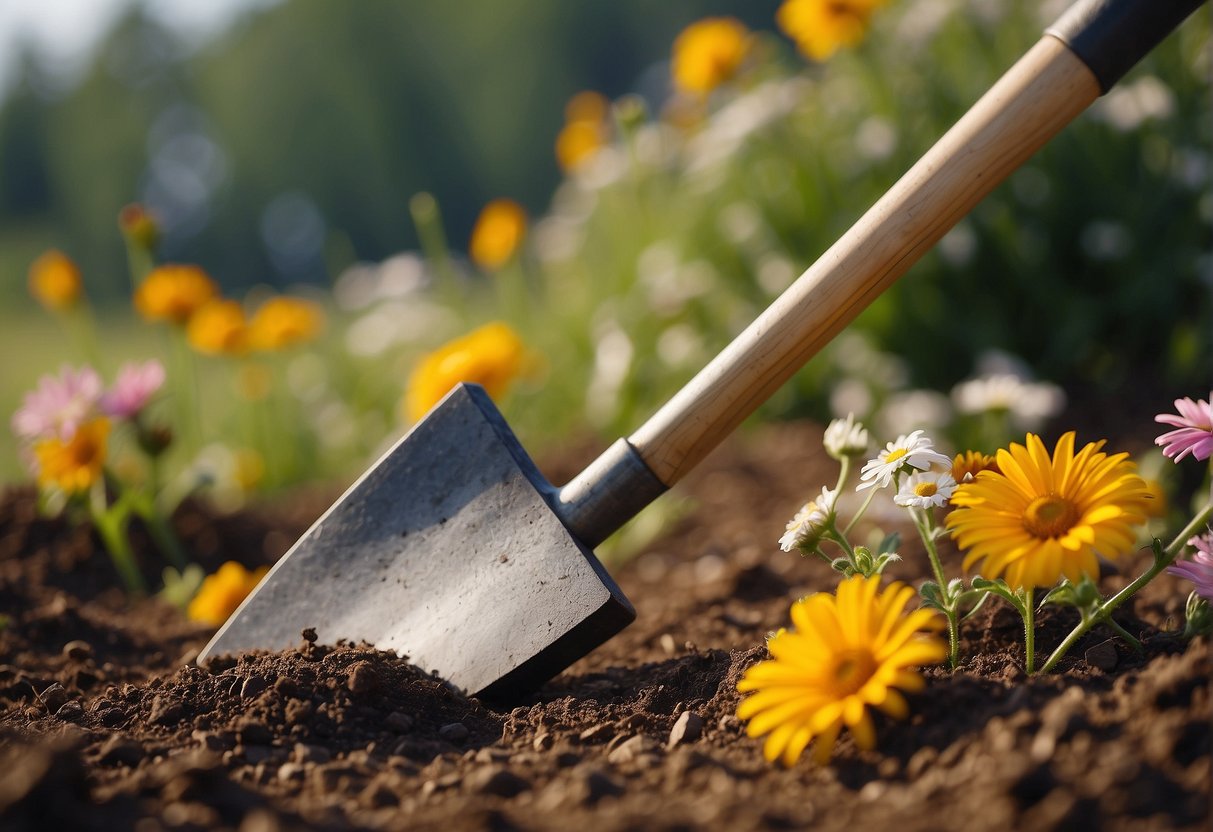 A wooden pickaxe digs into soil, uprooting flowers for floral design