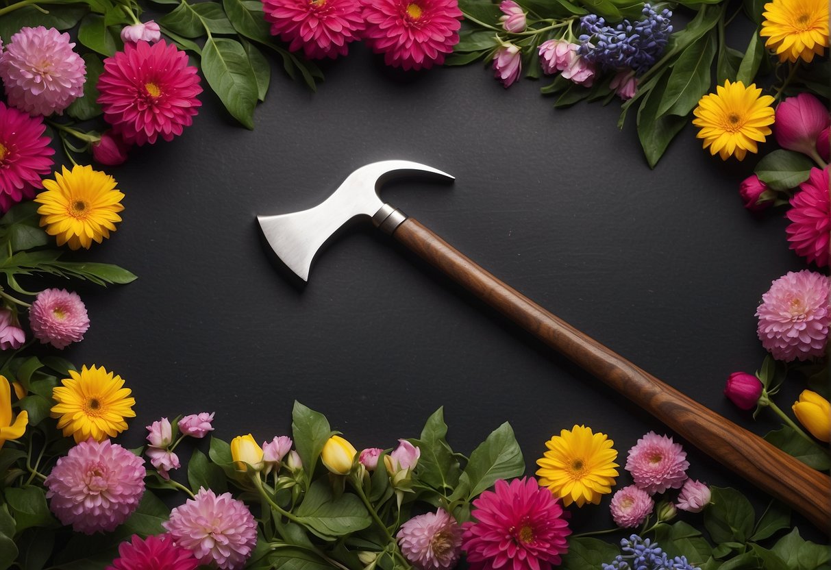 A wooden pickaxe delicately arranges vibrant flowers in a creative floral design, showcasing advanced applications and techniques