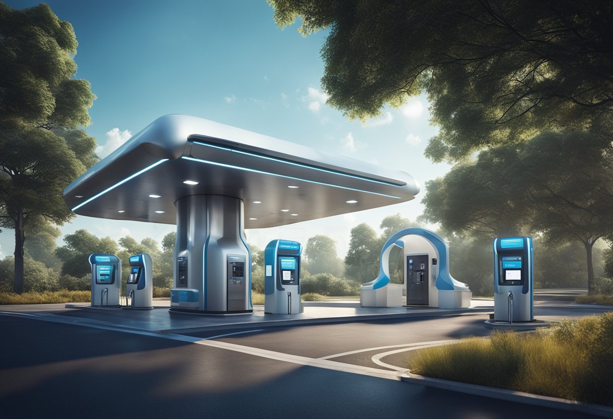 A futuristic cryogenic fuel station with advanced technology and minimal environmental impact