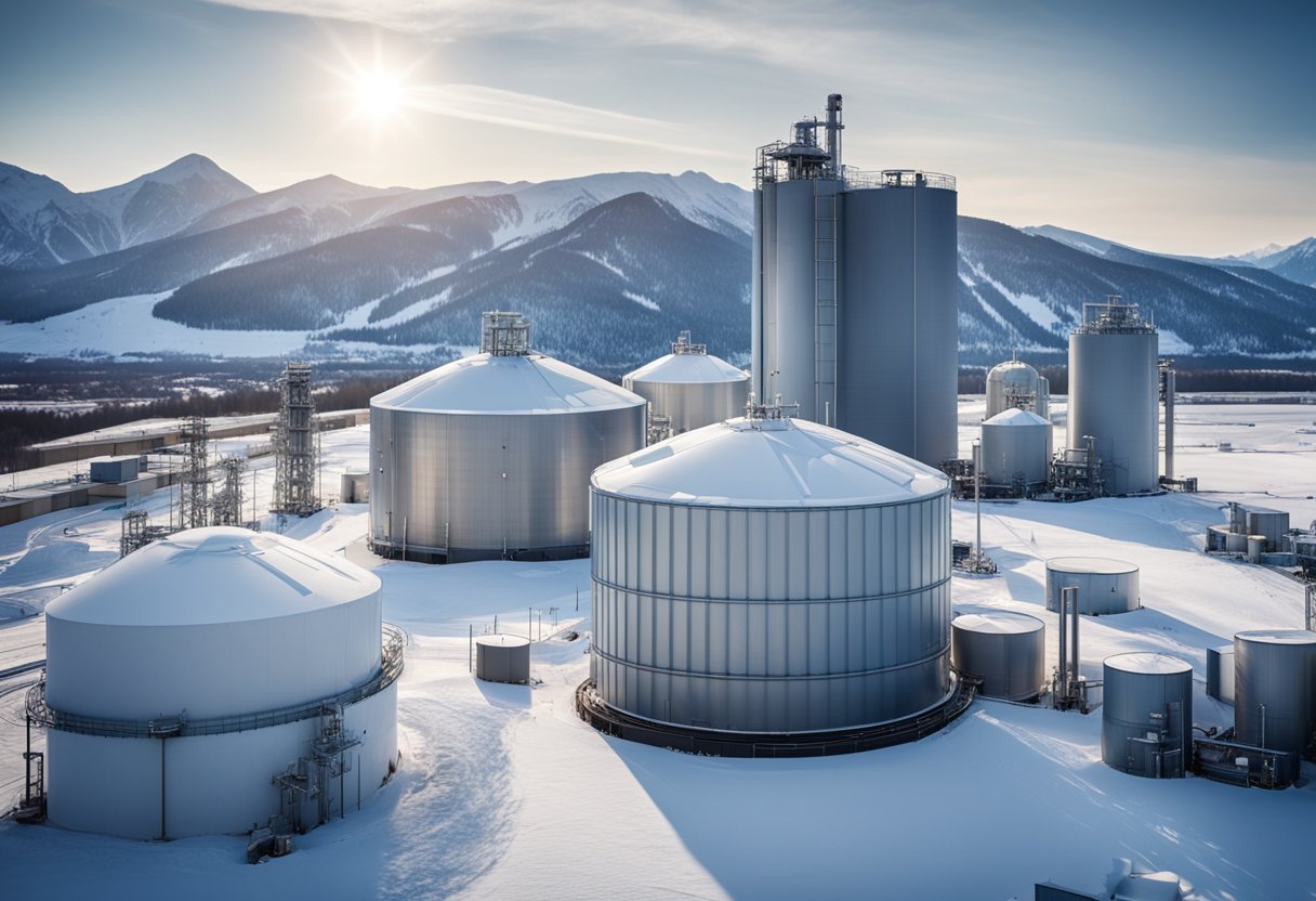 A cryogenic fuel storage facility with futuristic technology and sleek design, surrounded by a backdrop of industrial infrastructure and a clear sky