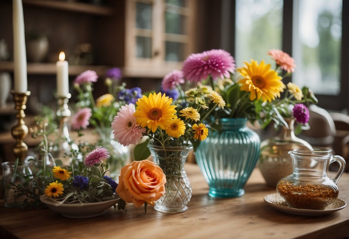 A table with various flowers, vases, and tools for arranging. Bright colors and natural lighting
