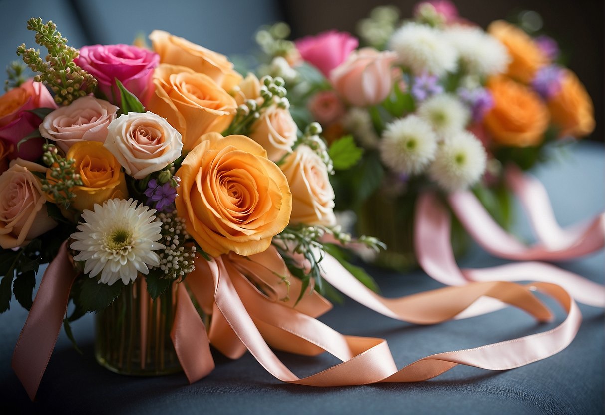 Colorful ribbons wrap around bouquets, adding texture and movement to floral arrangements. They cascade down, creating a sense of elegance and whimsy