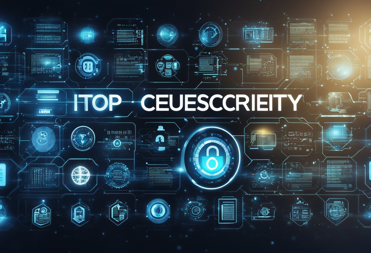 A digital collage of futuristic technology, including computer screens, code, and security symbols, with a prominent "Top Cybersecurity Degree Programs of 2024" headline