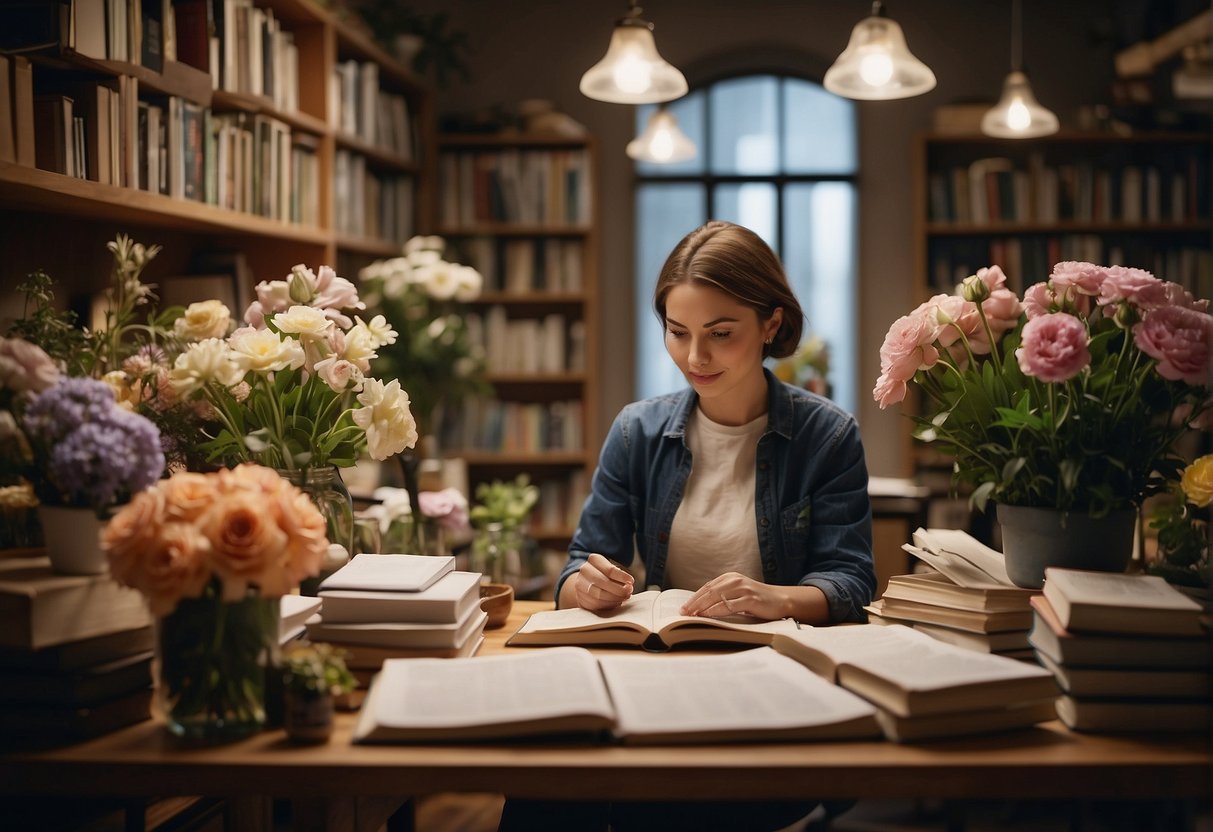 A person researching floral design education options, surrounded by books, a computer, and floral arrangements