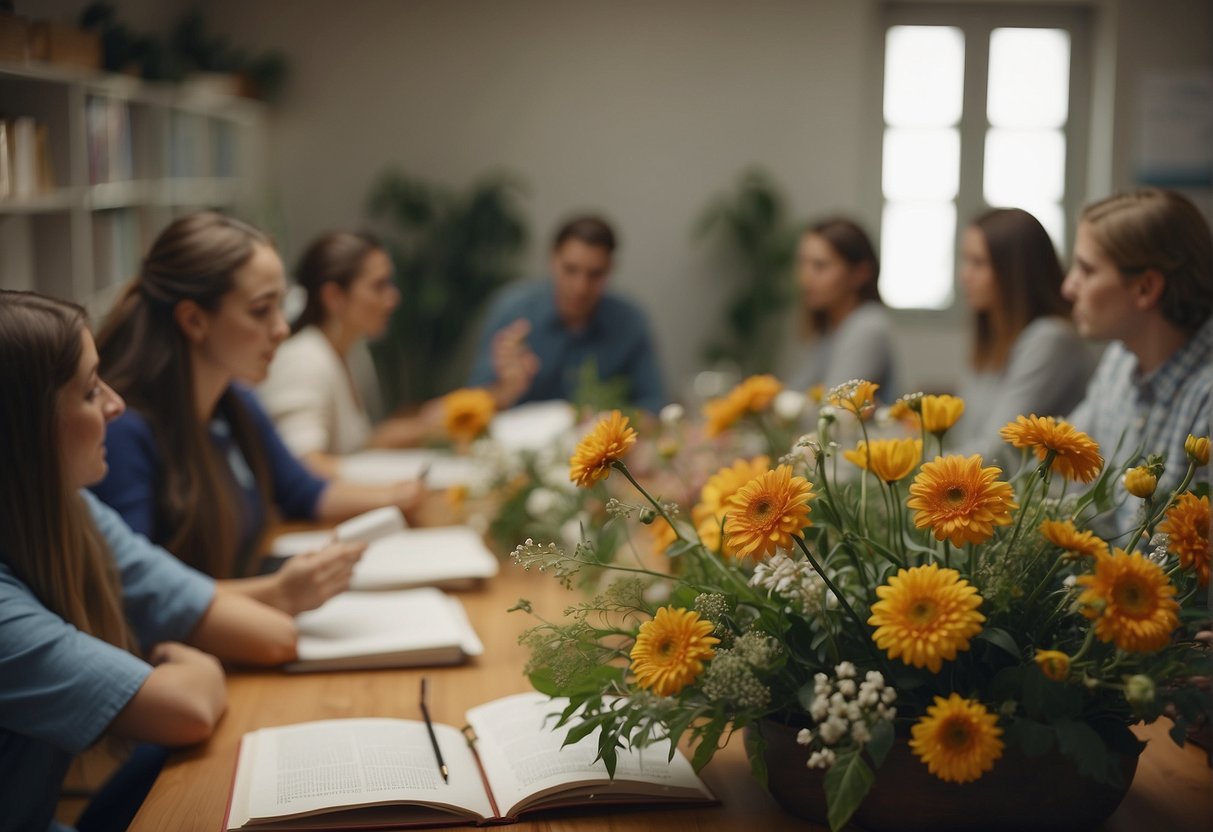 A classroom setting with floral design textbooks, floral arrangements, and a teacher giving instruction to a group of aspiring floral designers