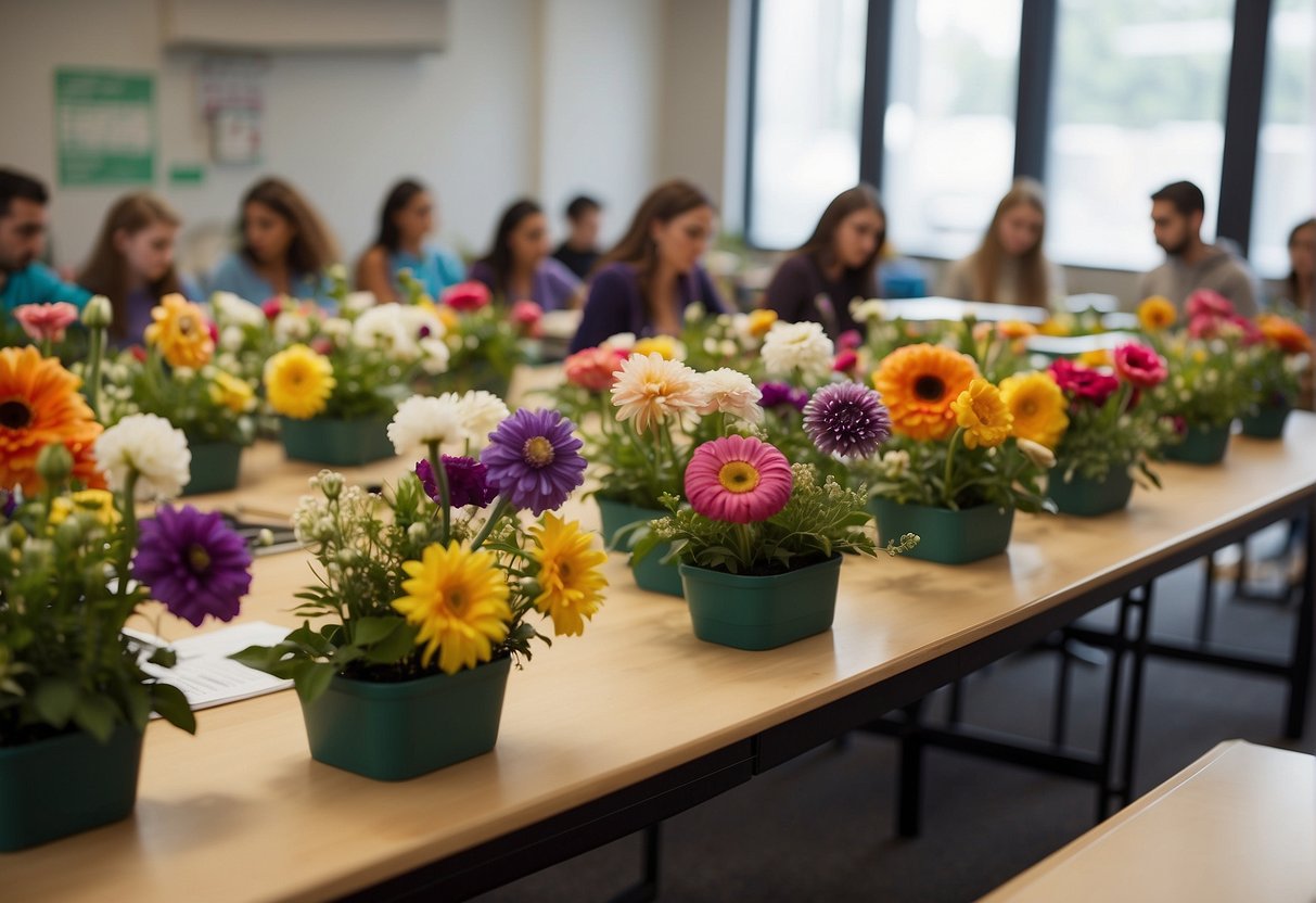 A classroom with students learning floral design techniques from an experienced instructor. Tables are filled with colorful flowers, tools, and textbooks