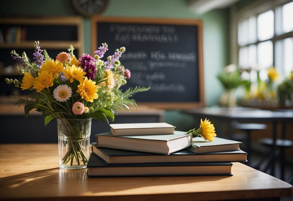 A classroom setting with textbooks, flower arrangements, and a chalkboard displaying "Education for Floral Designers" in a botanical design