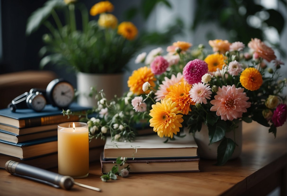 A colorful array of flowers and foliage arranged on a table, with tools and books on floral design nearby