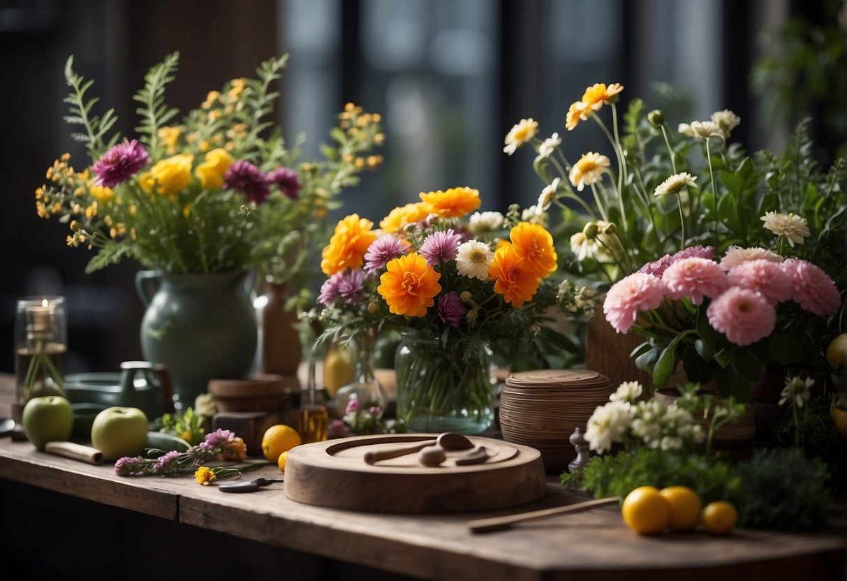 A table with various types of flowers, foliage, and tools arranged for floral design. A diploma or certificate in floral design displayed nearby