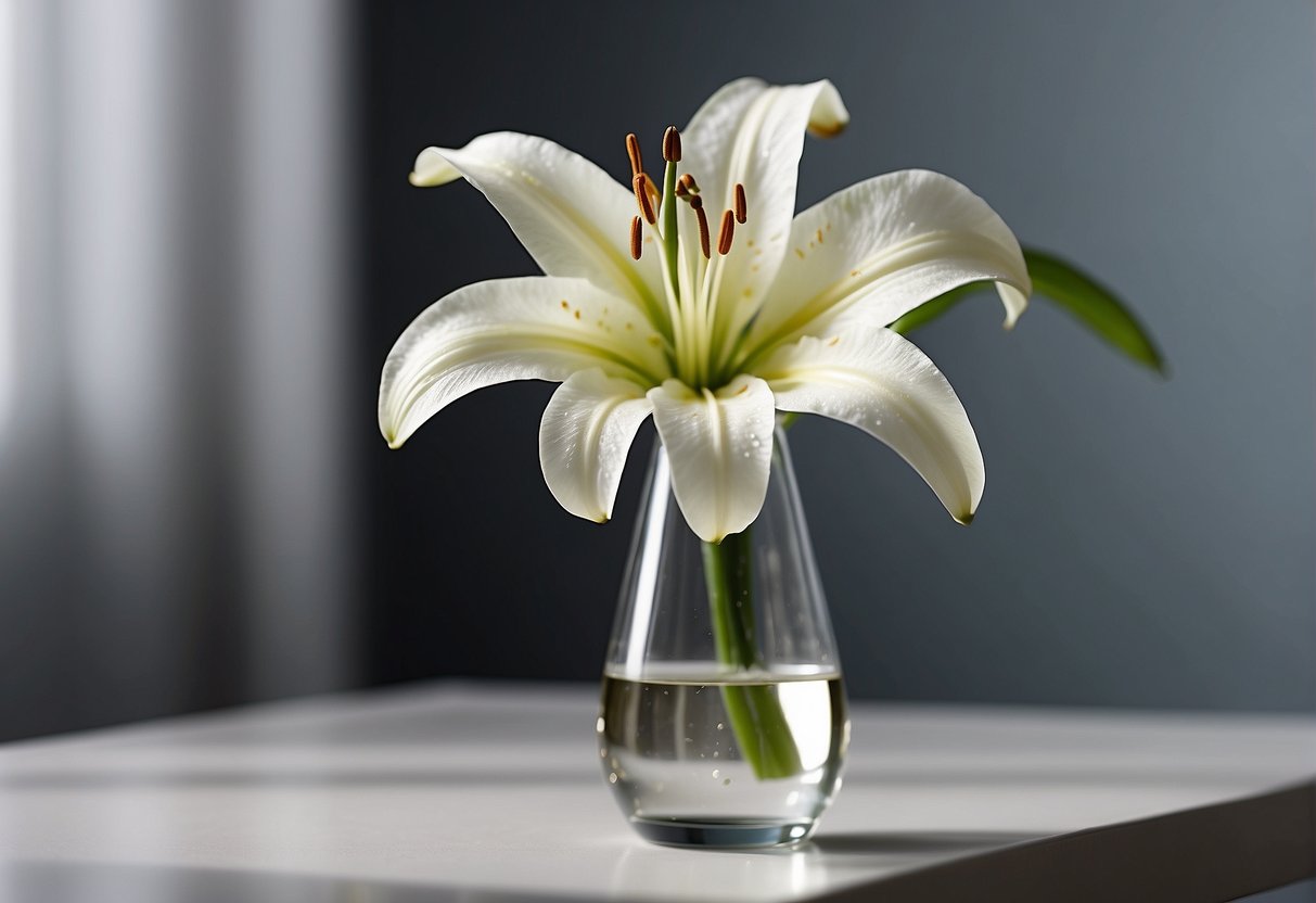 A single stem of white lily in a clear glass vase on a clean, white tabletop