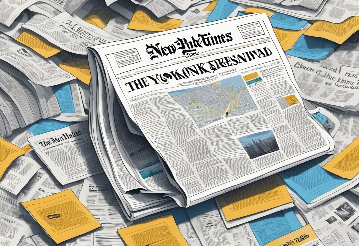 The New York Times logo leans left on a newspaper, surrounded by liberal-leaning headlines and articles