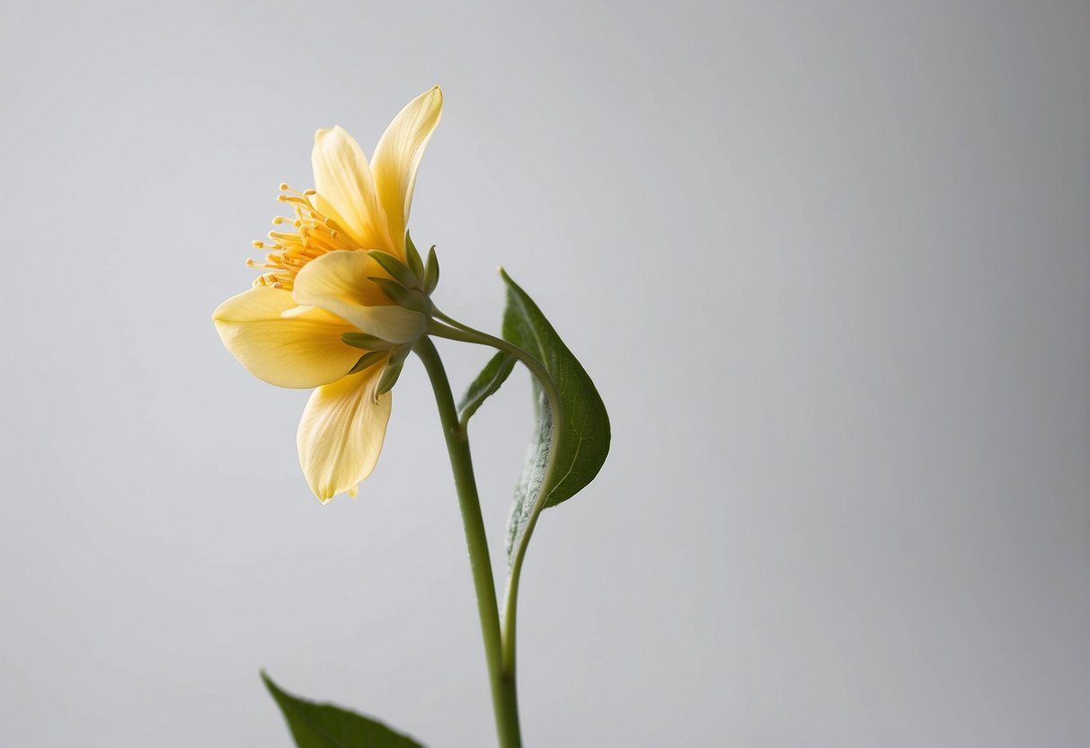 A single stem of a delicate flower, set against a clean, white background