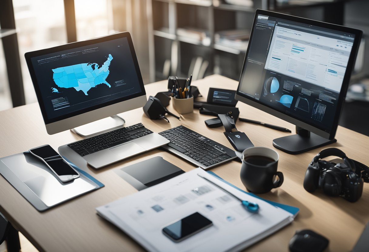 A computer with a graphic design software open, surrounded by a tablet, stylus, and various design tools. A diploma from a top university in the background