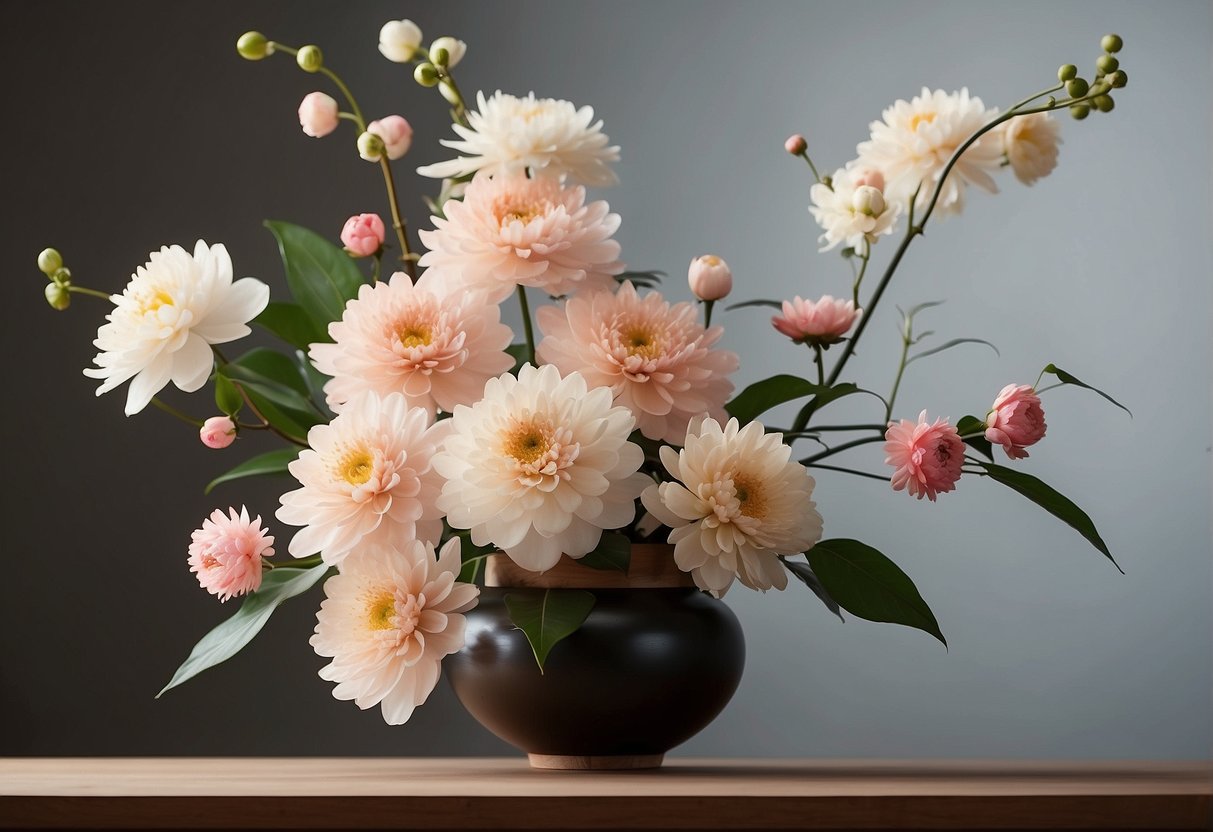 Japanese floral design features ikebana with traditional materials like cherry blossoms, peonies, and chrysanthemums arranged in a minimalistic and harmonious style