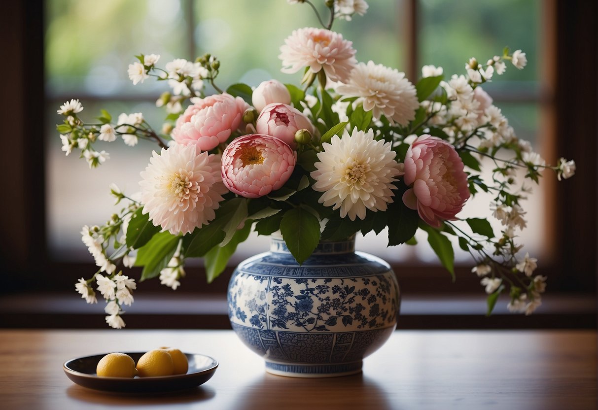 A traditional Japanese floral arrangement featuring cherry blossoms, chrysanthemums, and peonies in a simple ceramic vase
