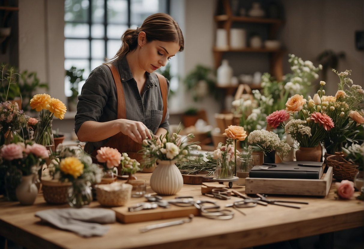 A floral designer arranging various accessories like ribbons, vases, and wire cutters on a work table to determine their use in a floral arrangement