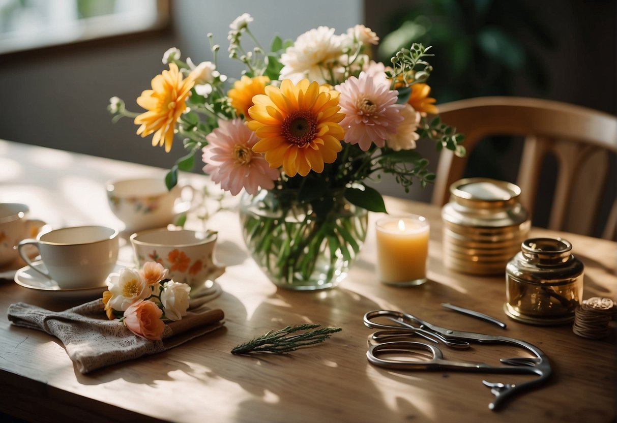 A table with various floral accessories: vases, ribbons, wires, and scissors. A chart or book on floral design principles. Bright, natural lighting