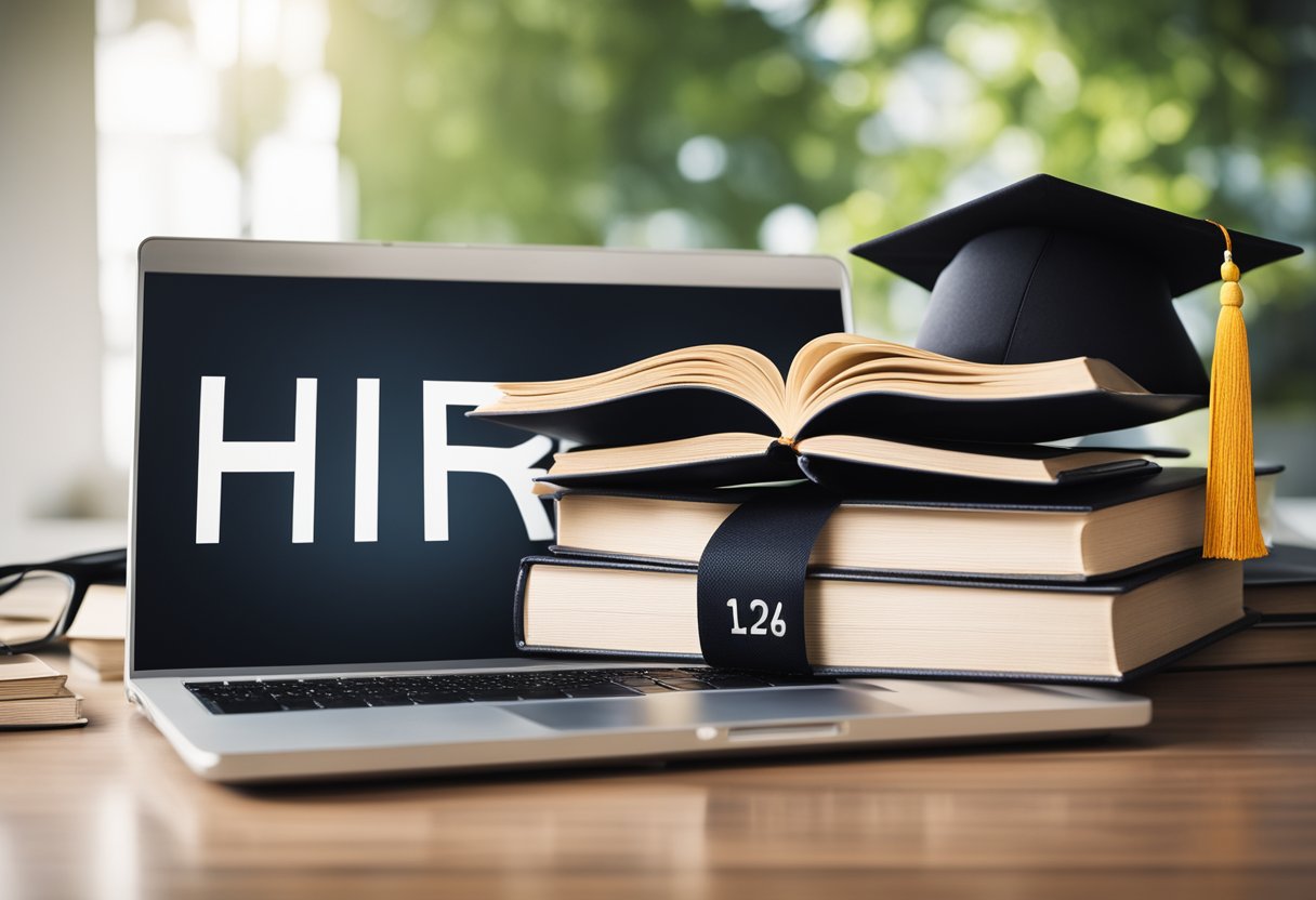 A laptop displaying top HR degree programs, surrounded by books and a diploma. A calendar shows the year 2024