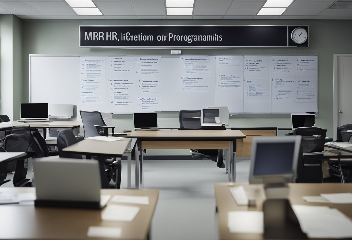 A classroom setting with HR program curriculum on a whiteboard, surrounded by specialized topics. Computer and books on a desk