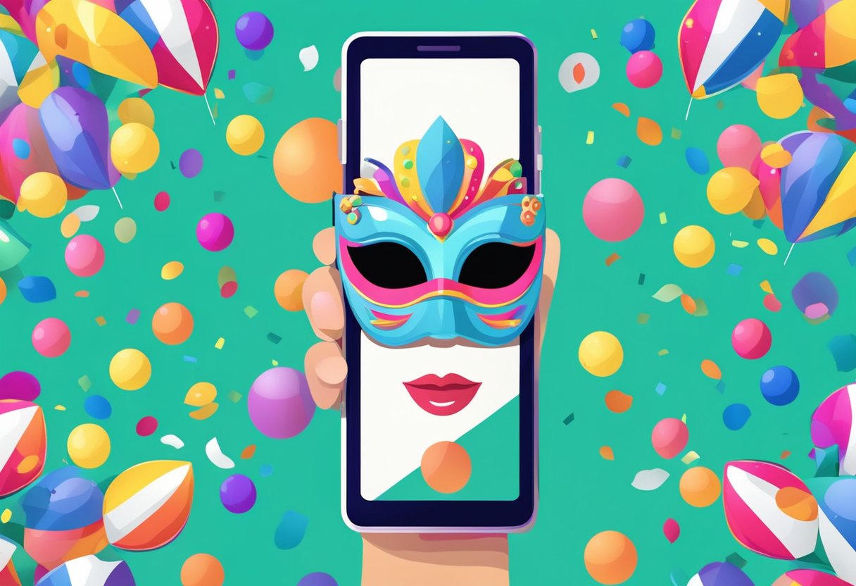 A hand holding a phone with a colorful carnival mask and confetti in the background